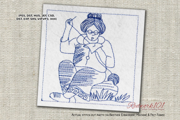 Grandma Sewing Redwork